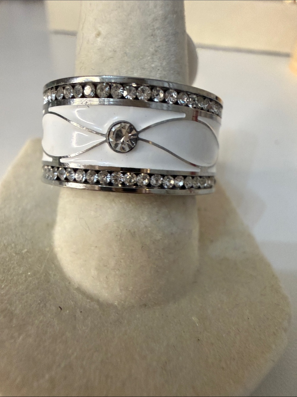 White Enamel and Crystal Wide Band Ring Size 7